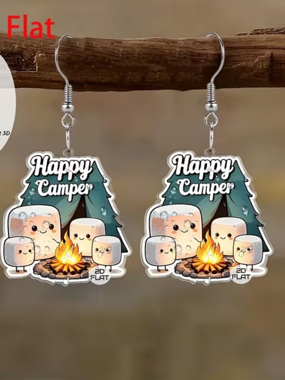 Happy Camper Marshmallow Campfire Acrylic Earring - White